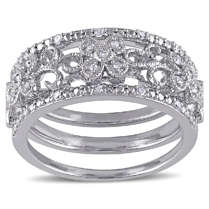Engagement Rings with Amethyst and Diamond Accents in a Contemporary SettingMiadora Sterling Silver 1/10ct TDW Diamond Filigree Vintage Band 3-Piece Set - White G-H - White G-H