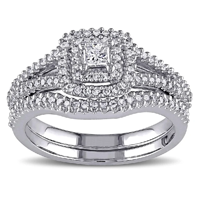 Oval Cut Engagement Rings in Palladium with a Hidden Halo for a Surprise SparkleMiadora Sterling Silver 1/2ct TDW Princess and Round-Cut Diamond 2-Piece Bridal Set