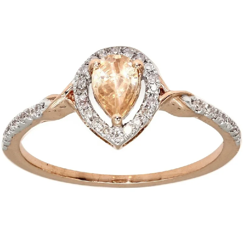 Cathedral - Style Engagement Rings with a Raised Center Stone and Intricate MetalworkPompeii3 10k Rose Gold 3/4 Ct. TDW Pear Shape Morganite & Diamond Halo Anniversary Ring