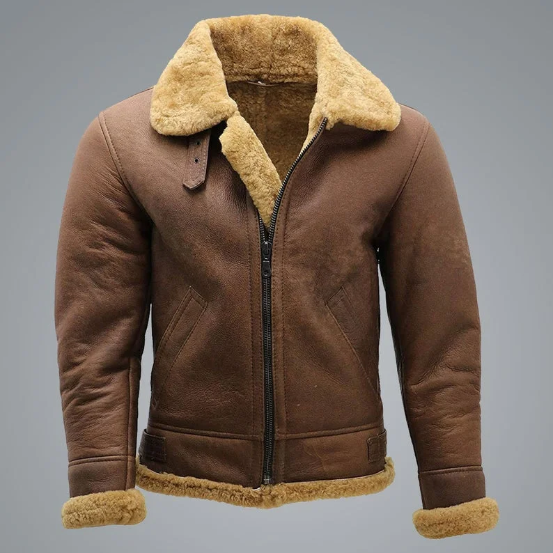 Mens Brown B3 Shearling Sheepskin WW2 Bomber Leather Flying Aviator Jacket