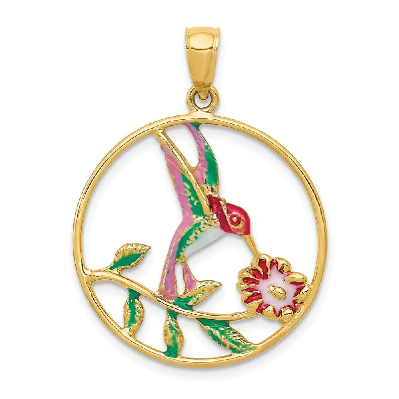 Double - Heart Pendant with Interlocking Design for Couples14k Yellow Gold & Enamel 24mm Round Hummingbird & Flower Pendant Double - Heart Pendant with Interlocking Design for Couples14k Yellow Gold & Enamel 24mm Round Hummingbird & Flower Pendant