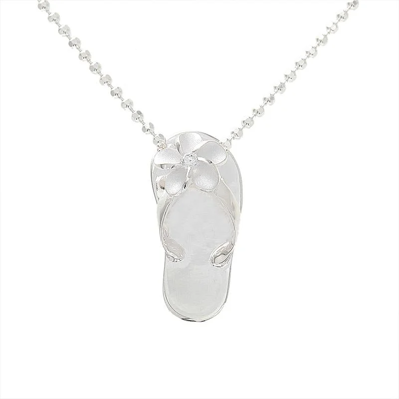 Custom coordinates pendants for travel memoriesSterling Silver Plumeria with CZ Plain Slipper Pendant (Chain Sold Separately)
