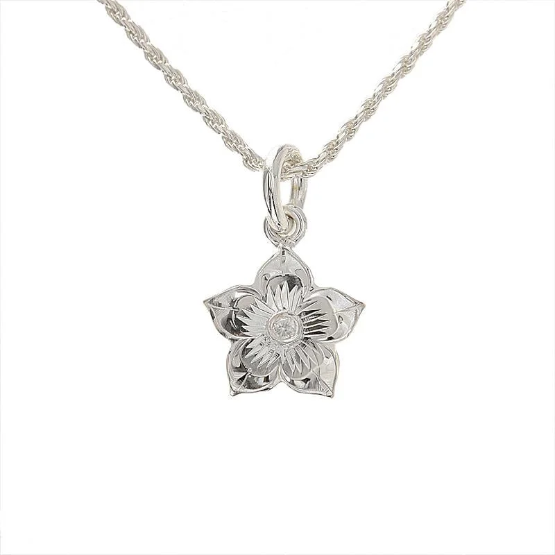 Custom coordinates pendants for travel memoriesSterling Silver Hawaiian Scroll Plumeria with CZ Pendant (Chain Sold Separately) Custom coordinates pendants for travel memoriesSterling Silver Hawaiian Scroll Plumeria with CZ Pendant (Chain Sold Separately)